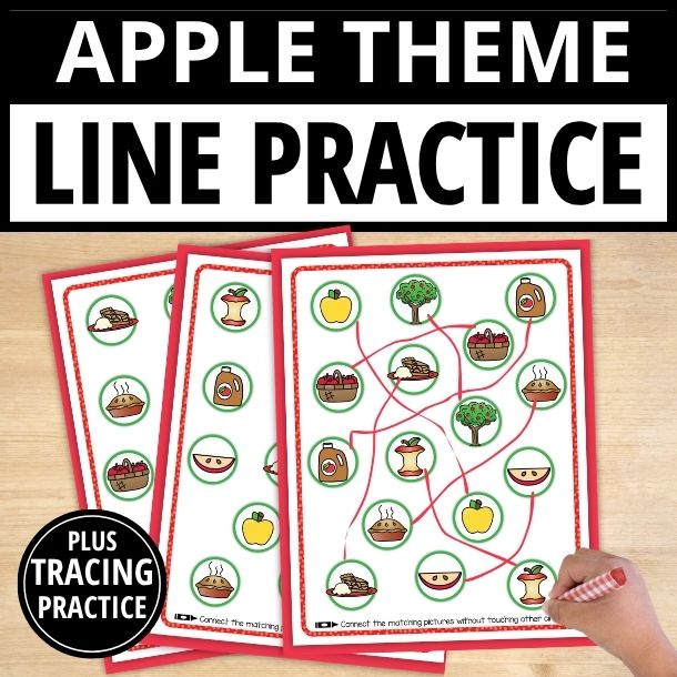 Red-bordered apple line tracing worksheets with matching activities and pink curved lines connecting apple and basket images