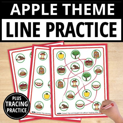 Red-bordered apple line tracing worksheets with matching activities and pink curved lines connecting apple and basket images