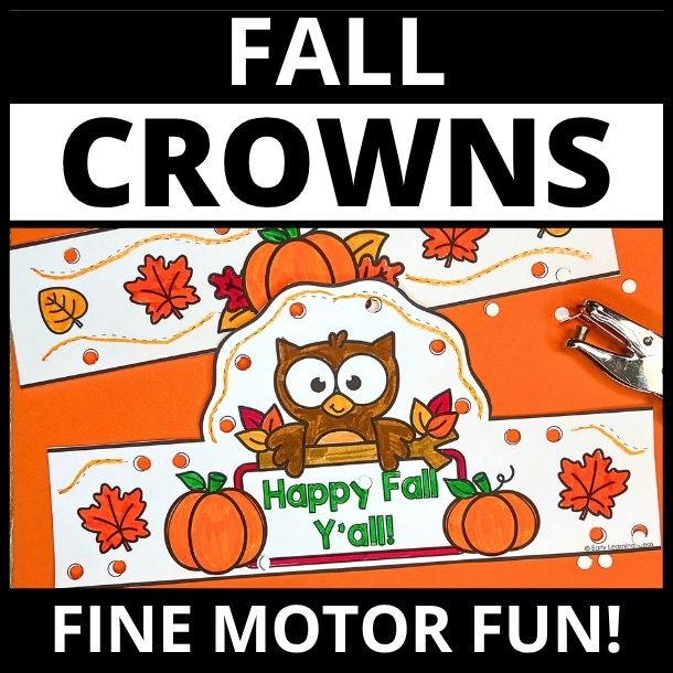 Brown owl surrounded by fall leaves and pumpkins on printable paper crown with "Happy Fall Y'all" text and stapler
