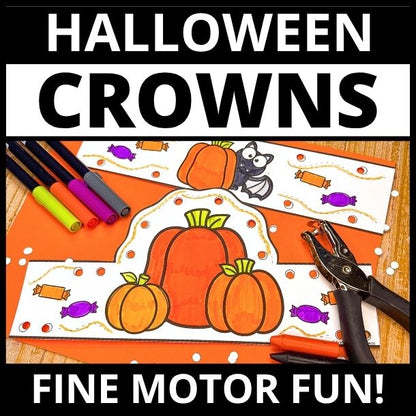 Completed pumpkin crown with orange marker coloring, surrounded by blank crown templates featuring bats and candy decorations