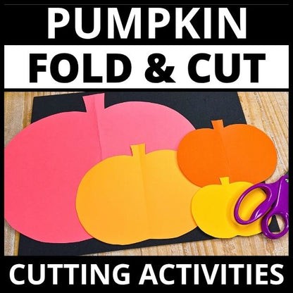 Colorful fold-and-cut pumpkin activity with pink, orange, yellow shapes and purple scissors on black paper