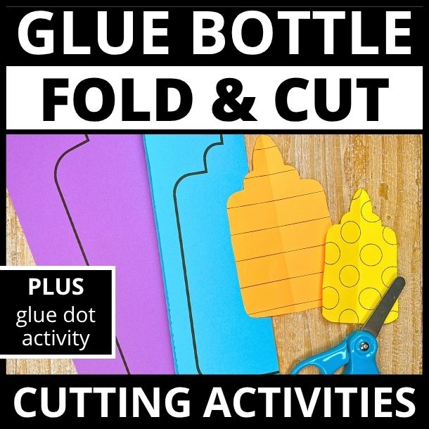 Colorful fold-and-cut glue bottle templates in purple and blue with yellow assembled bottle and blue scissors on wood