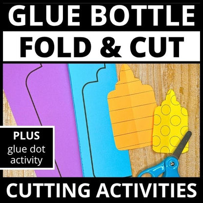 Colorful fold-and-cut glue bottle templates in purple and blue with yellow assembled bottle and blue scissors on wood