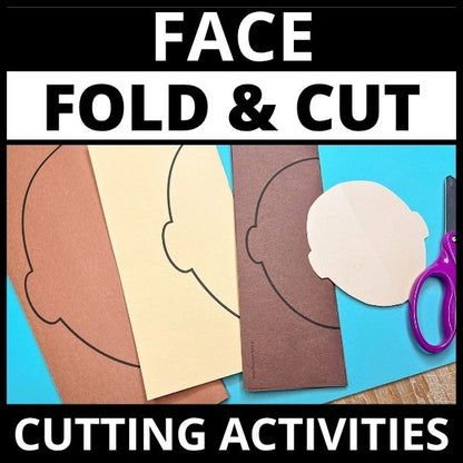 Colorful fold-and-cut face templates in various skin tones with scissors, showing blank face profiles for scissor skills