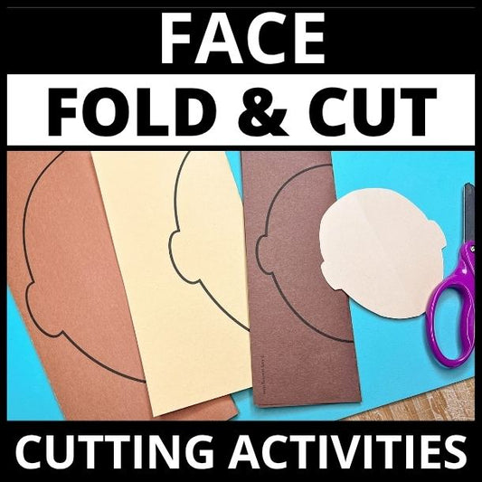 Colorful fold-and-cut face templates in various skin tones with scissors, showing blank face profiles for scissor skills