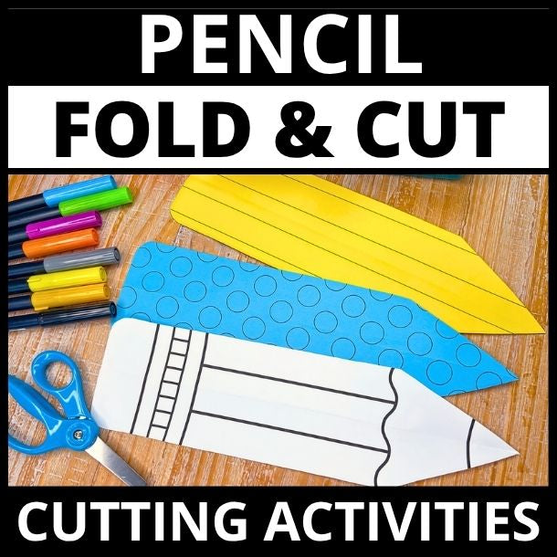 Colorful markers, blue dot-patterned folded paper, white pencil outline template, and blue scissors on wooden surface for