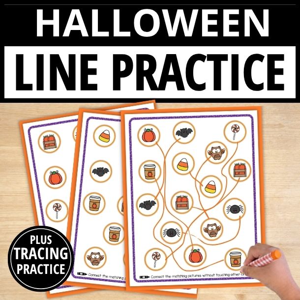 Halloween line practice worksheets showing pumpkins, bats, candy, and spiders with curved tracing paths and matching