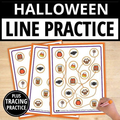 Halloween line practice worksheets showing pumpkins, bats, candy, and spiders with curved tracing paths and matching