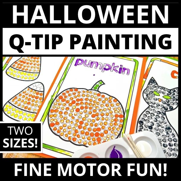 Orange pumpkin Q-tip painting page with dot outline, plus candy corn and witch hat designs shown in preview collage above.