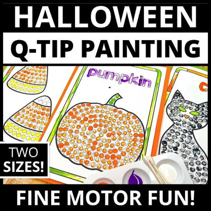 Orange pumpkin Q-tip painting page with dot outline, plus candy corn and witch hat designs shown in preview collage above.