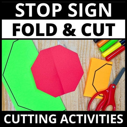 Bright green and red folded paper with scissors and markers on wood surface for stop sign cutting practice activity.