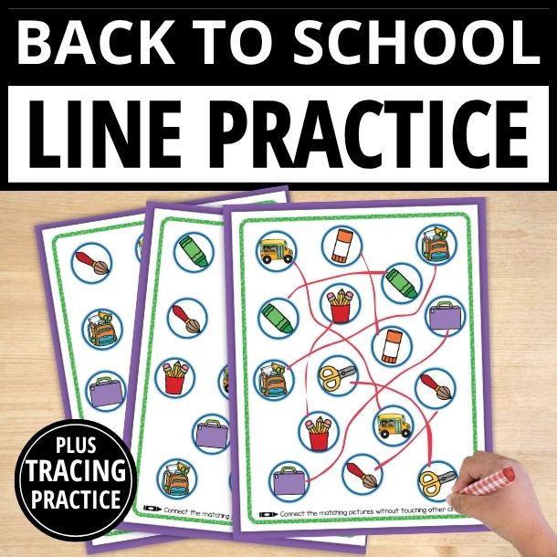 Back to school line practice worksheets with school supply icons, tracing paths, and matching activities for pencil control