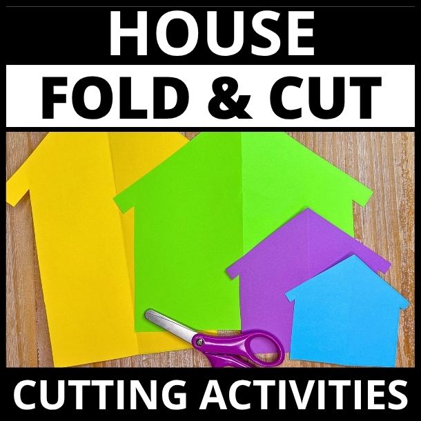 Colorful stacked paper houses in yellow, green, purple, and blue with scissors on wood surface, fold and cut activity preview