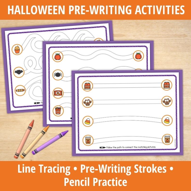 Three purple-framed Halloween pre-writing worksheets with pumpkins, candy, and bats beside crayons for line tracing practice.