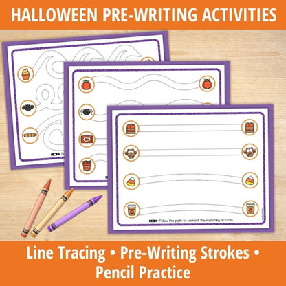 Three purple-framed Halloween pre-writing worksheets with pumpkins, candy, and bats beside crayons for line tracing practice.