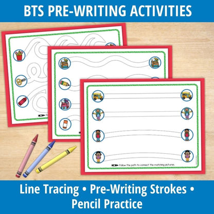 Three stacked activity pages with red frames showing line tracing paths, matching picture exercises, and back to school