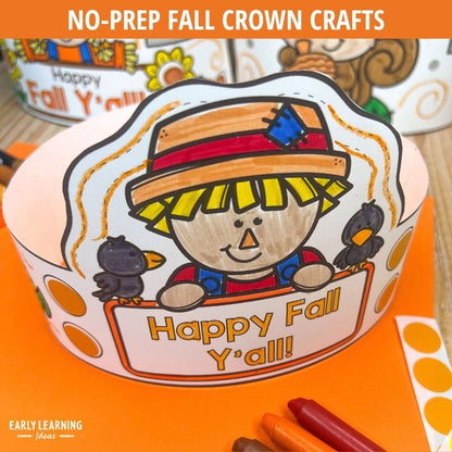 Scarecrow wearing colorful striped hat and overalls on white paper crown with Happy Fall Y'all text and orange dots