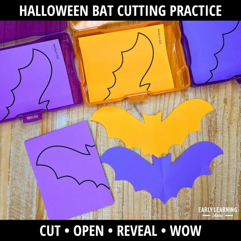 Purple, yellow, and blue bat cutouts with fold lines displayed next to template pages on wood surface for cutting practice