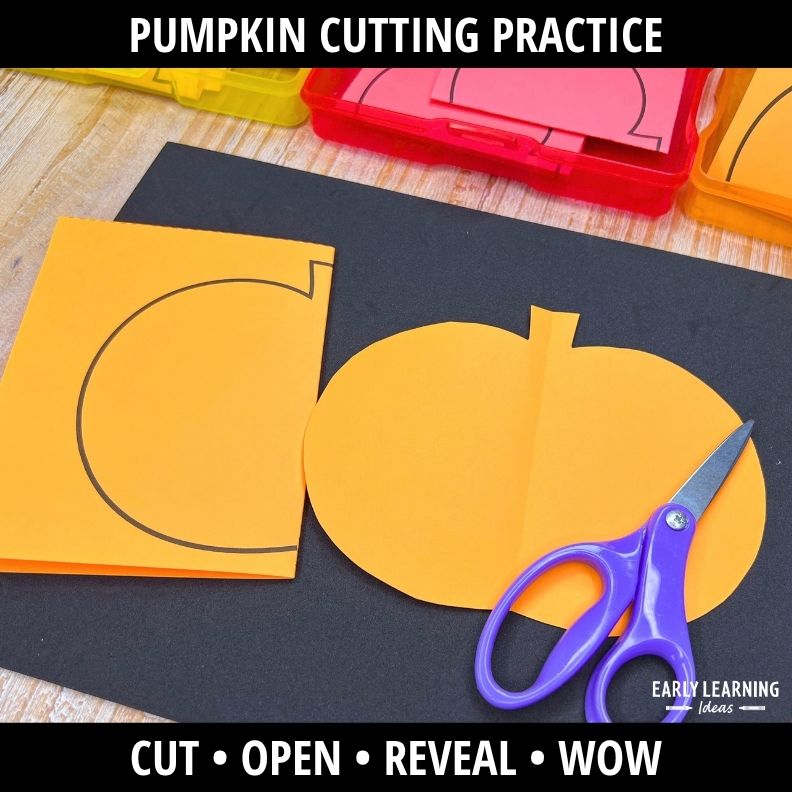 Purple scissors cutting curved line on yellow folded pumpkin template with surprise reveal design on black paper