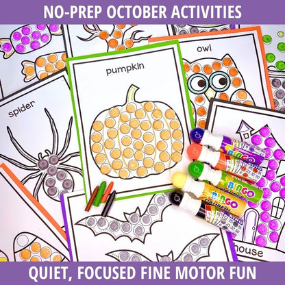 Dot marker painting pages featuring pumpkin, owl, spider, and bat with markers and bingo daubers for fine motor skill
