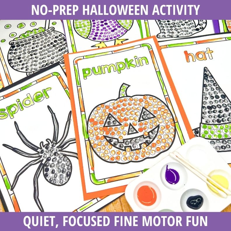 Halloween dot painting pages with jack-o-lantern and spider designs, cotton swabs and paint cups for fine motor practice