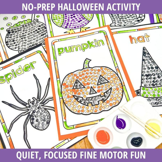 Halloween dot painting pages with jack-o-lantern and spider designs, cotton swabs and paint cups for fine motor practice