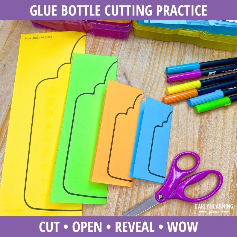 Colorful fold-and-cut glue bottle templates in yellow, green, orange, and blue with scissors and markers for scissor skills