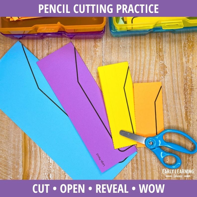 Colorful folded paper pencils in blue, purple, yellow, and orange with scissor lines drawn, blue safety scissors nearby,