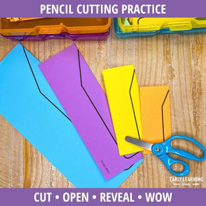 Colorful folded paper pencils in blue, purple, yellow, and orange with scissor lines drawn, blue safety scissors nearby,