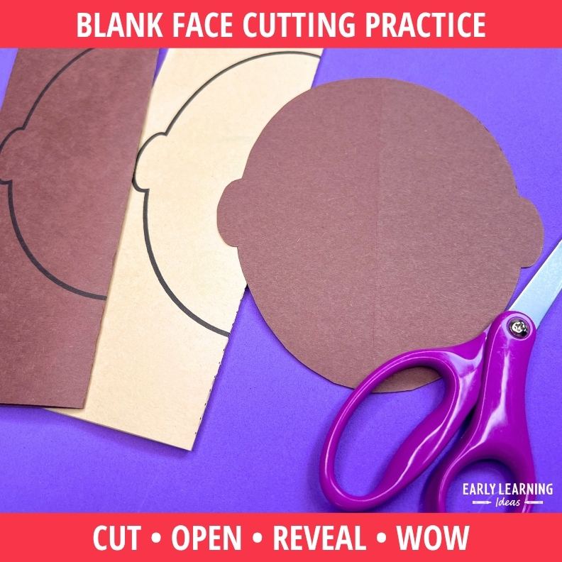 Brown and cream folded face cutouts with purple child-safe scissors on vibrant background for scissor skills practice