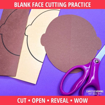 Brown and cream folded face cutouts with purple child-safe scissors on vibrant background for scissor skills practice