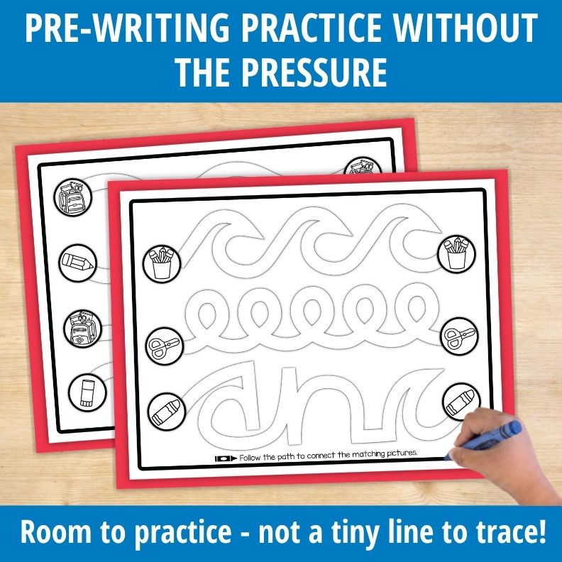 Child's hand tracing wavy lines and loops on back-to-school pre-writing practice page with wide tracing paths and matching