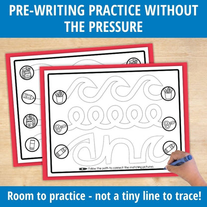 Child's hand tracing wavy lines and loops on back-to-school pre-writing practice page with wide tracing paths and matching