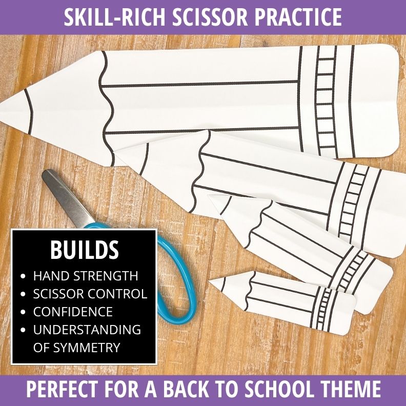 Fold-and-cut pencil templates with wavy lines and ladder rungs, blue-handled scissors, and benefits list on wooden surface.