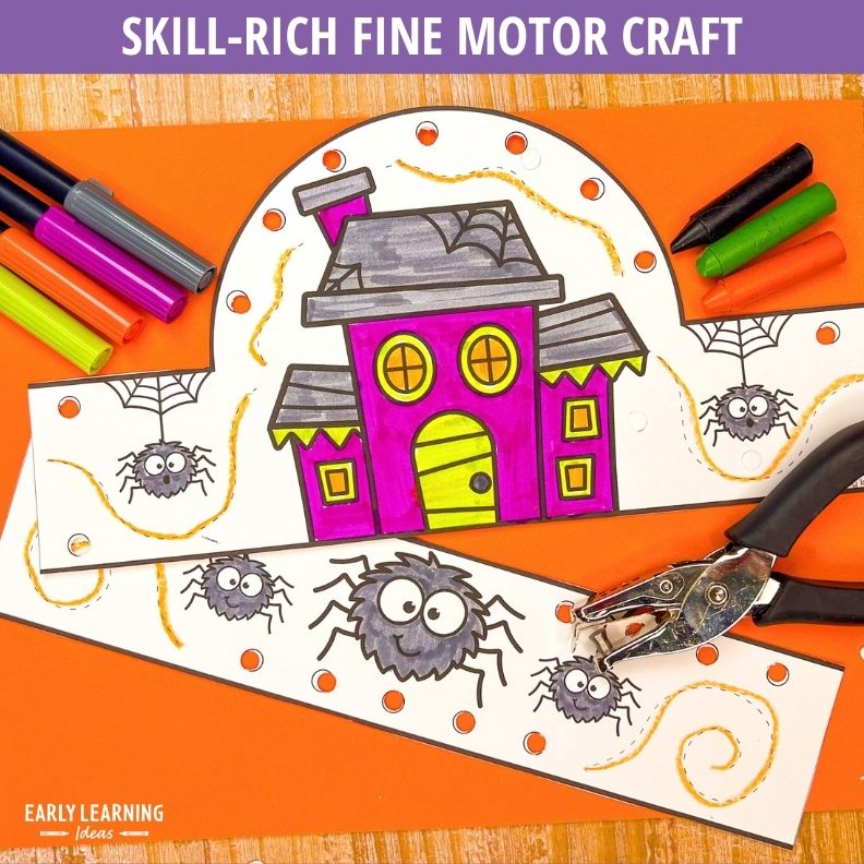 Haunted house coloring page with purple walls, yellow windows, spiders, and gold web designs surrounded by markers and