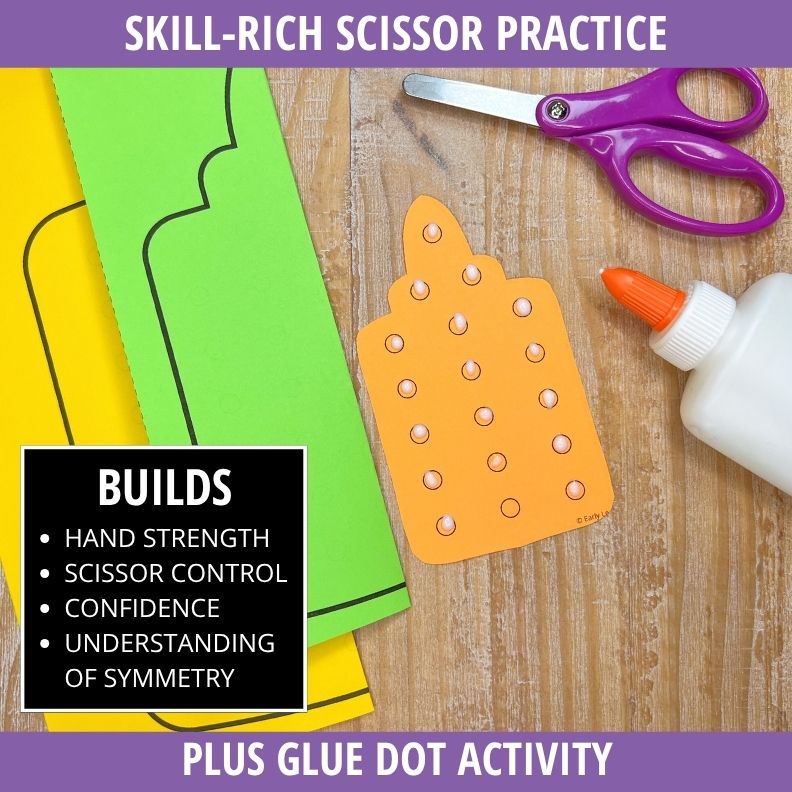 Purple child scissors, orange glue bottle template with hole patterns, and colored paper strips on wooden surface for