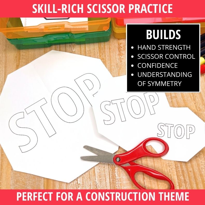 Red scissors cutting folded white paper with "STOP" outlined text, green and orange paper trimmers above on wood surface