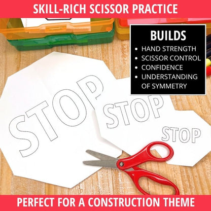 Red scissors cutting folded white paper with "STOP" outlined text, green and orange paper trimmers above on wood surface