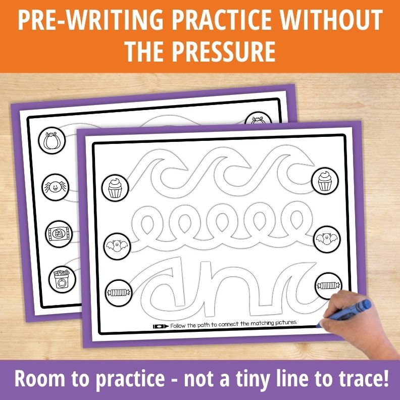 Child's hand tracing wavy pre-writing paths with Halloween pictures on purple-framed worksheet for line practice activity.