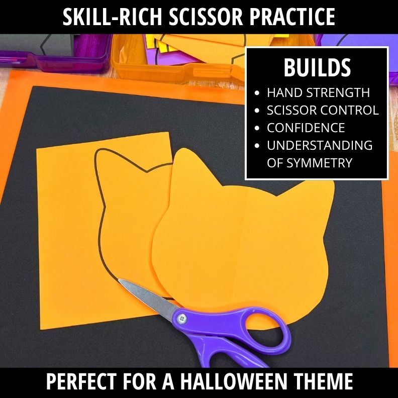 Purple child scissors cutting yellow folded cat shape on dark mat during scissor practice activity