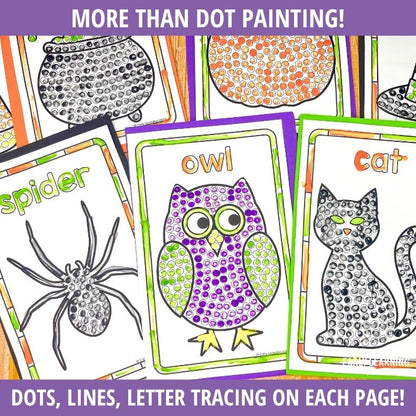 Spider, owl, and cat dot painting pages with purple, orange, and green borders, plus line tracing and letter activities