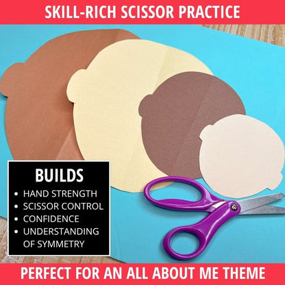 Purple scissors next to layered paper face shapes in cream, tan, and brown on blue background with skill-building benefits
