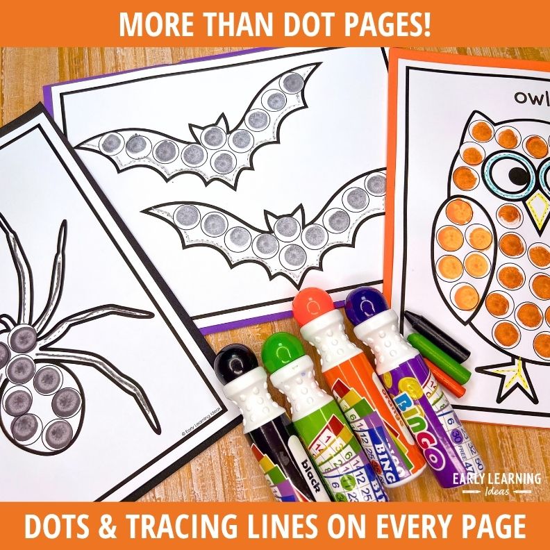 Bat and owl dot marker pages with purple, orange, and green dot markers ready to fill circles on Halloween coloring sheets