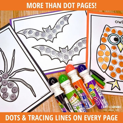 Bat and owl dot marker pages with purple, orange, and green dot markers ready to fill circles on Halloween coloring sheets