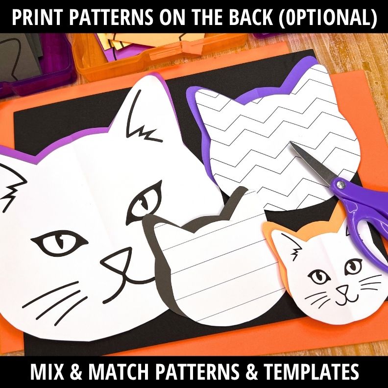 Cat face cutout templates with chevron and striped patterns, purple scissors, fold-and-cut activity for preschool scissor