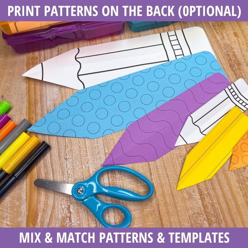 Colorful fold-and-cut pencil templates with circle and wave patterns, scissors, and markers on wooden surface for scissor