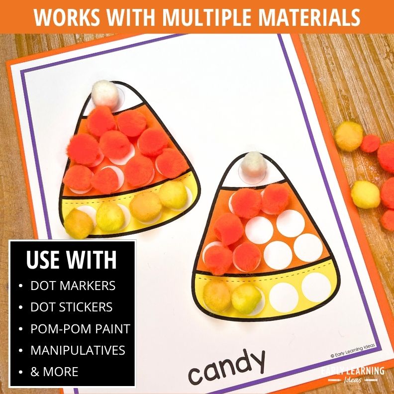 Two candy corn dot marker pages with red, yellow, and white pom-poms filling outlined triangles on wood background.