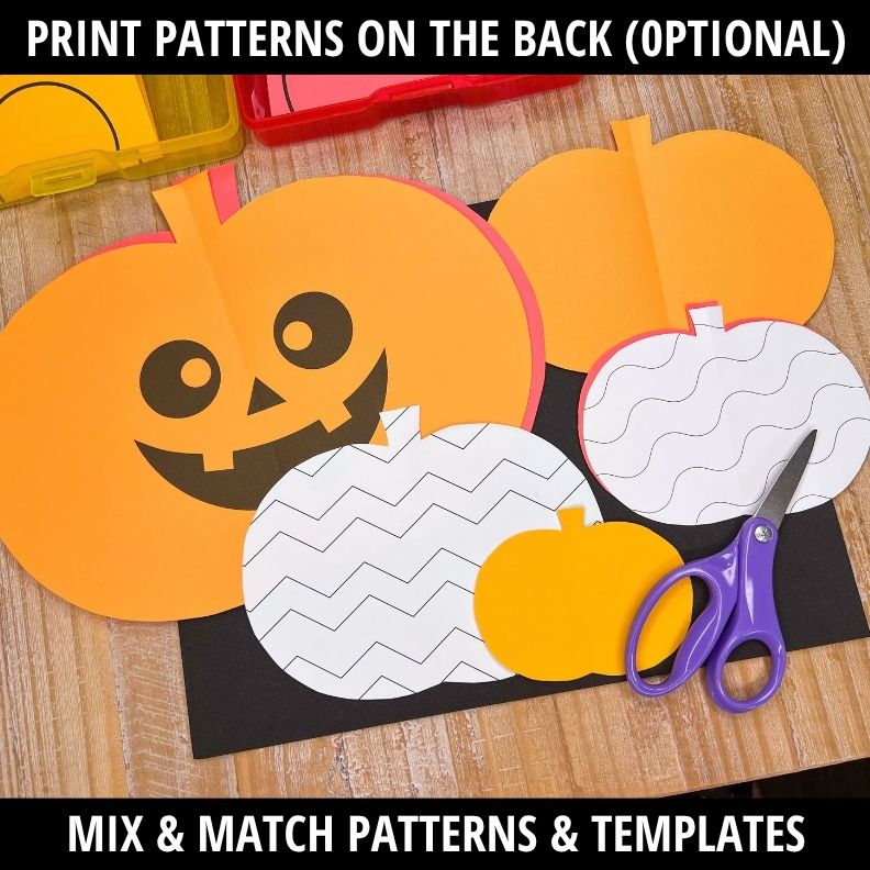 Orange jack-o-lantern with chevron-patterned pumpkins and smaller yellow pumpkin ready to cut with purple scissors on wood