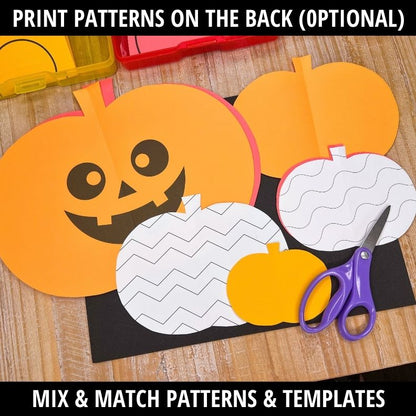 Orange jack-o-lantern with chevron-patterned pumpkins and smaller yellow pumpkin ready to cut with purple scissors on wood