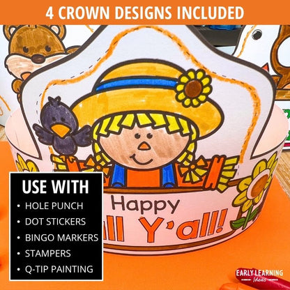 Scarecrow crown craft with yellow hat, blue ribbon, and "Happy Y'all" text; includes four fall crown designs for fine motor